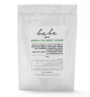 Babe Green Tea body scrub helps calm acne and psoriasis